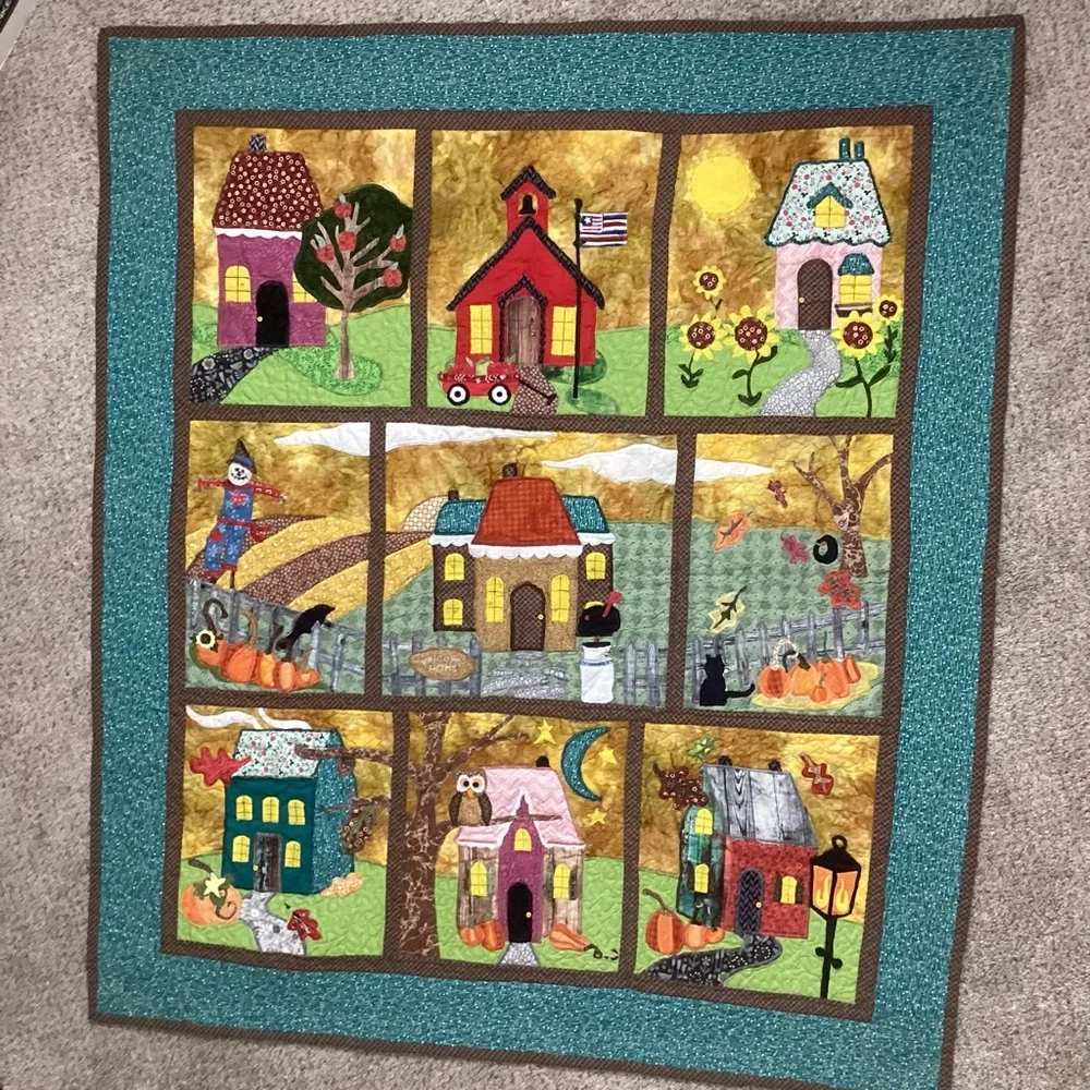 Hand Crafted Art Quilt Houses Schoolhouse Seasons 47”x55”